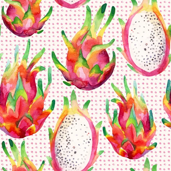 Watercolor dragon fruit seamless pattern on doodle background