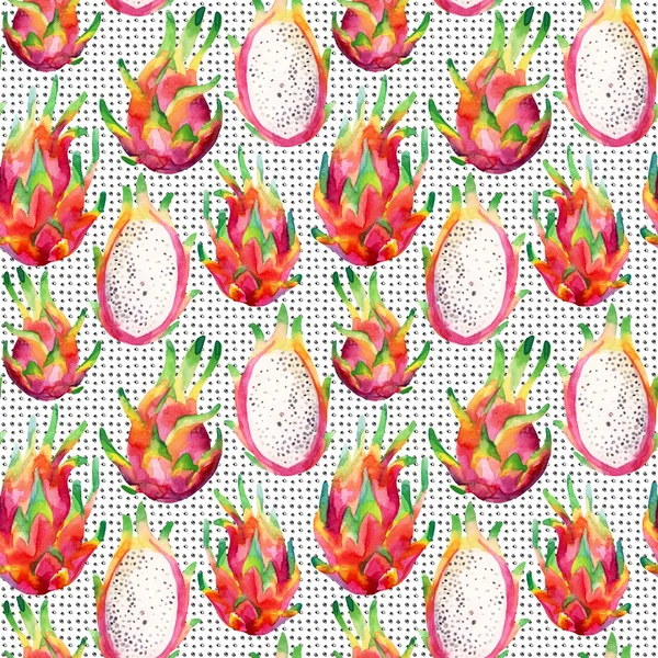 Watercolor dragon fruit seamless pattern on doodle background