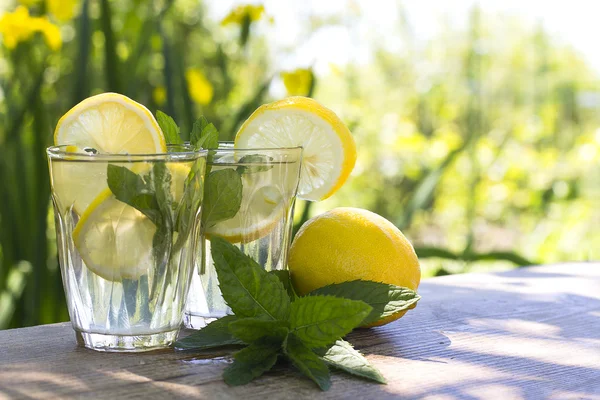 Lemonade with fresh lemon on natural background