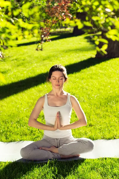 Youngl woman doing yoga in the park in the morning
