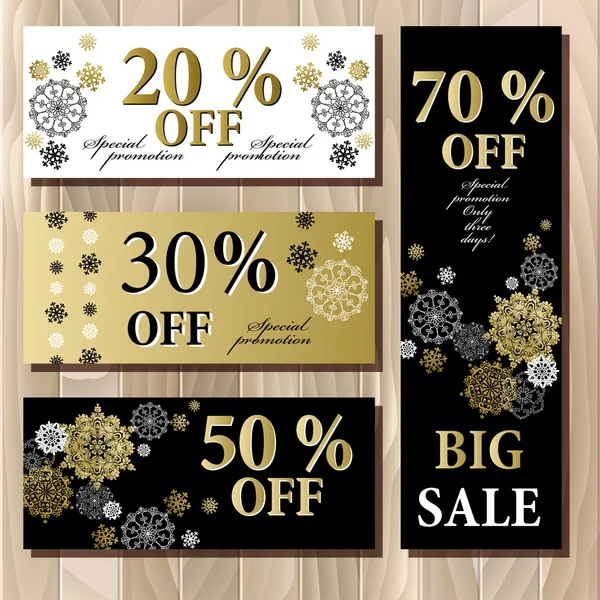 Big sale printable card template with golden snowflakes design.