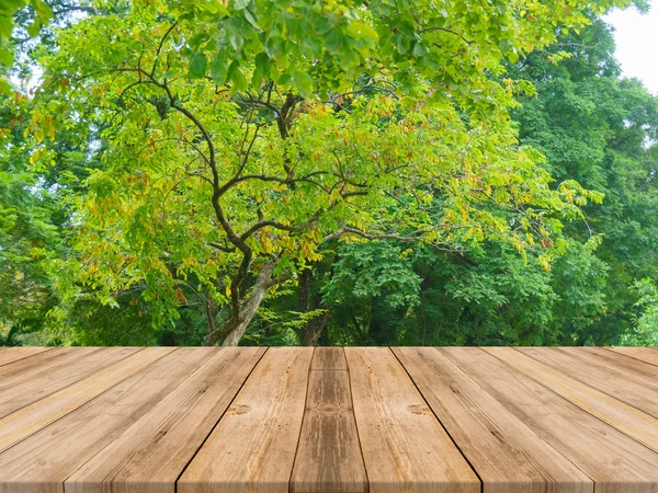 Wooden board empty table in front of forest background. Perspective brown wood over trees in forest - can be used for display or montage your products. spring season. vintage filtered image.