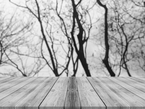 Wooden board empty table in front of blurred background. Perspective grey wood over blur trees in forest - can be used for display or montage your products. spring season. vintage filtered image.