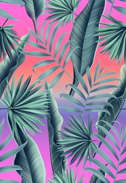 Tropical monstera and palm leaves pattern, in Hawaiian style