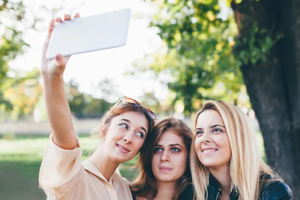 Girls making self-portrait with a new mobile phone