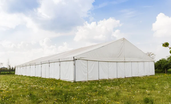 White wedding or entertainment tent in a grass field on a sunny