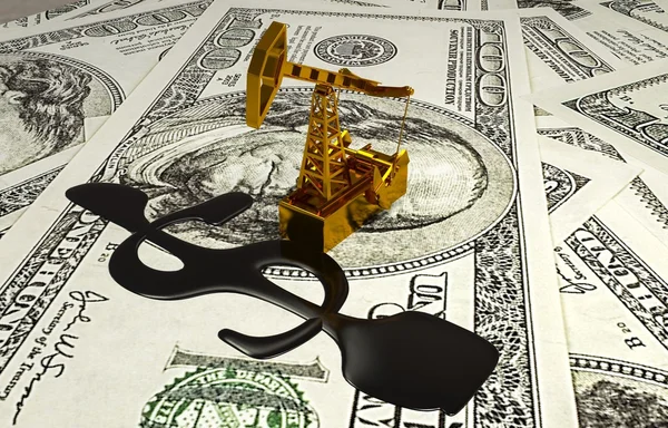 Golden Pumpjack And Spilled Oil On The Money.