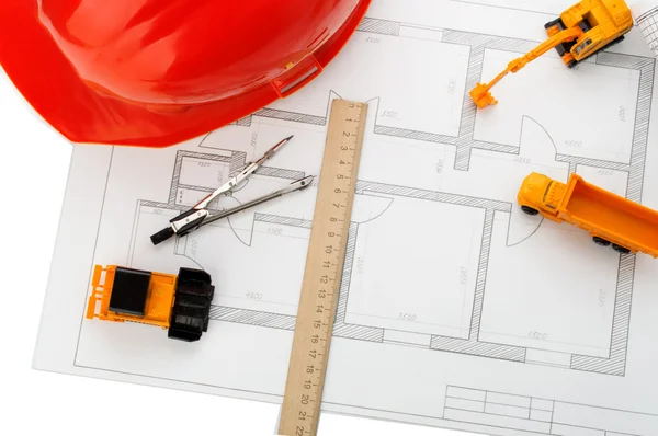 Orange helmet, ruler, pencil, drawing, construction equipment
