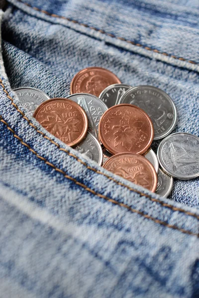 Close-up Small Pile of Canadian Dollar Coins in jean pocket
