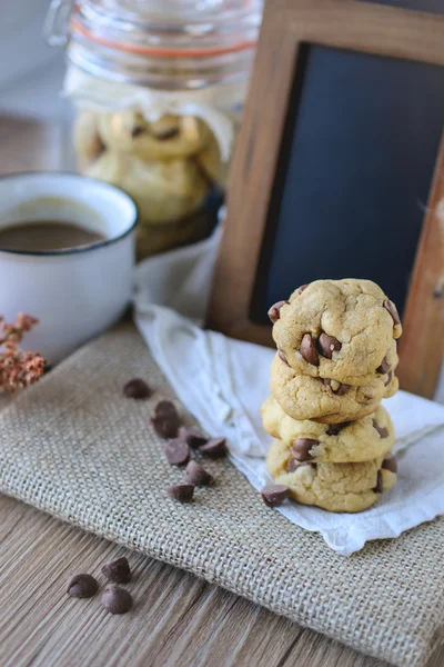 Cookies Chocolate Chips with Coffee and Black Board on jute, Bre