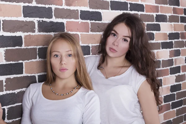 Two beautiful young good looking girls blond and brunette wearing white T-shirts standing near brickwall with serious faces