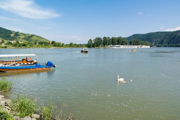 Boats on Danube river in Durnstein, Wachau, Austria