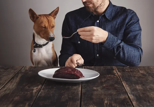 Man shares piece of steak for lovely dog