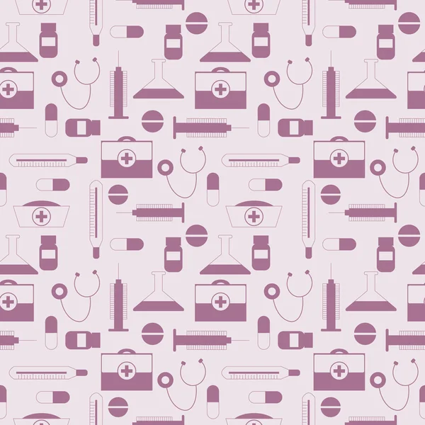 Seamless vector pattern, light pink background with medical tools and pills
