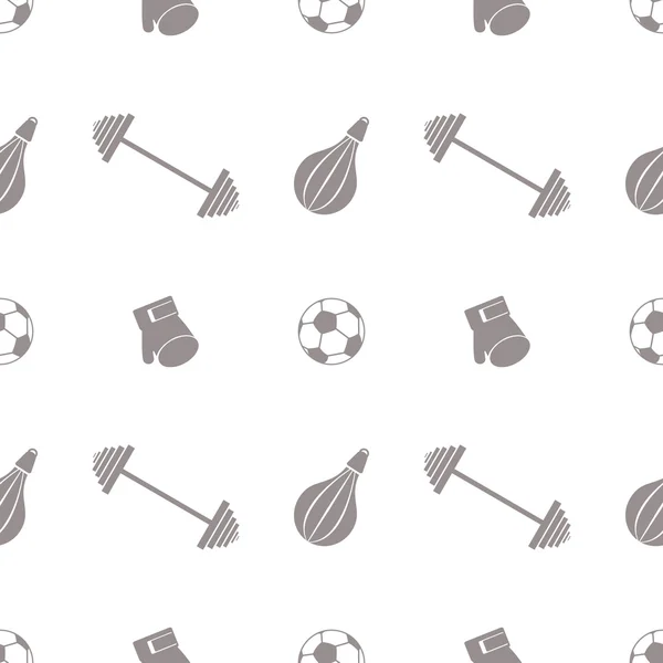 Seamless vector pattern.  Background with grey sports equipment. Soccer ball, punching bag, gloves, barbells on the white backdrop