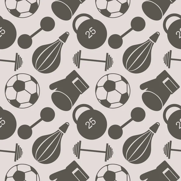 Seamless vector pattern.  Background with closeup sports equipment. Soccer ball, punching bag, gloves, barbells, dumbbells and weight.