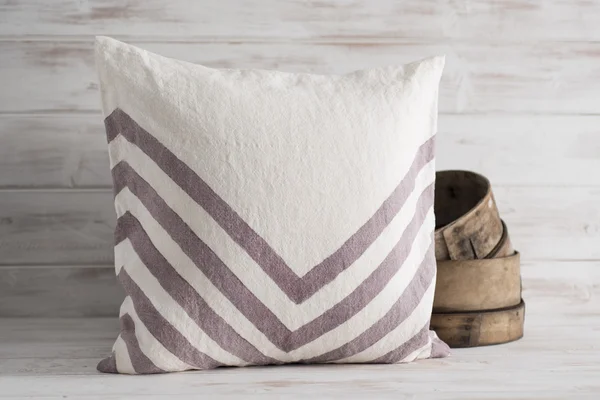 Square White with Gray Chevron Throw Pillow with Wooden Basin