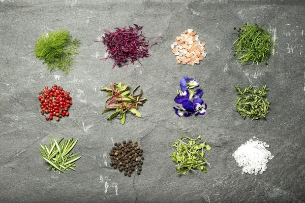 Selection of Micro Herbs on a Slate Background Flat Lay