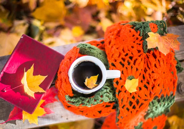 Hot coffee and red book with autumn leaves on wood background
