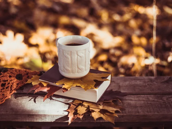 Hot coffee and red book with autumn leaves on wood background