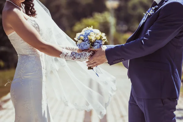 Wedding couple holding hands in sunny wedding day