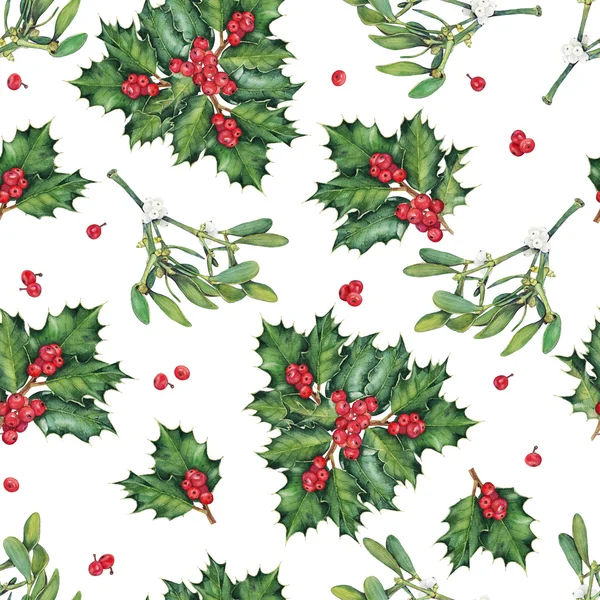 Seamless Christmas pattern with mistletoe and holly branches