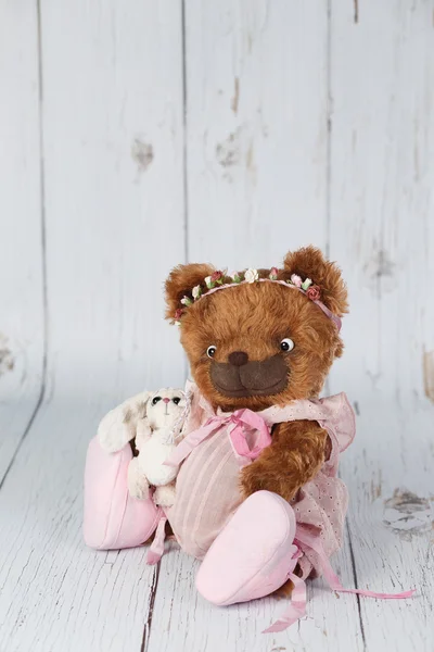 Brown artist teddy bear in pink dress one of kind