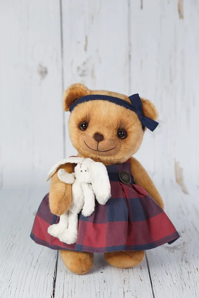 Brown artist teddy bear in dress one of kind