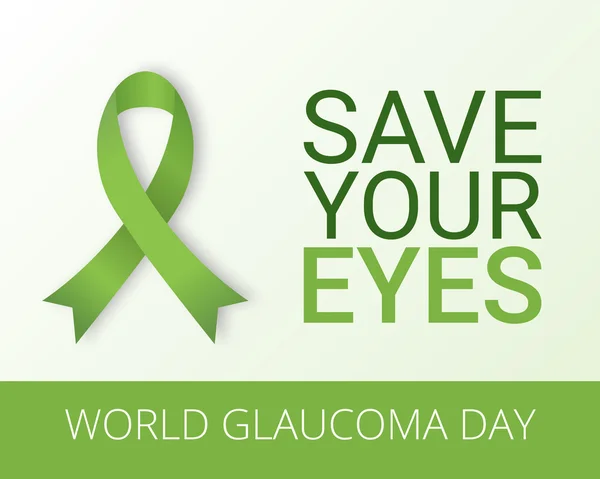 World Glaucoma Day background with green ribbon. Vector illustration. Fighting blindness, cataract, vision impairment. Eye health concept. Creative flyer, poster template for ophthalmology.