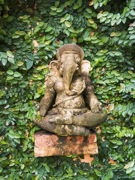 The hindu god Ganesha in front of a green wall.