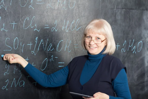 Teacher showing formulas on the blackboard