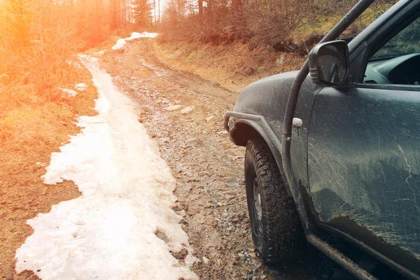 Off-road car on the dirty forest road.