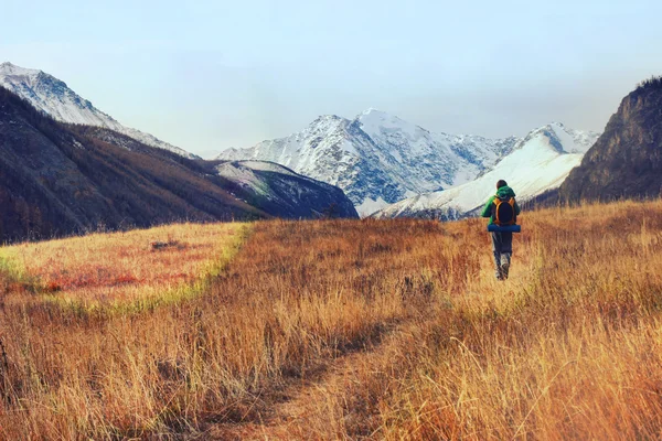 Backpacker go into the mountains. Happy travel concept. Mountain trekking. Man in harmony with nature. Autumn mountain landscape.