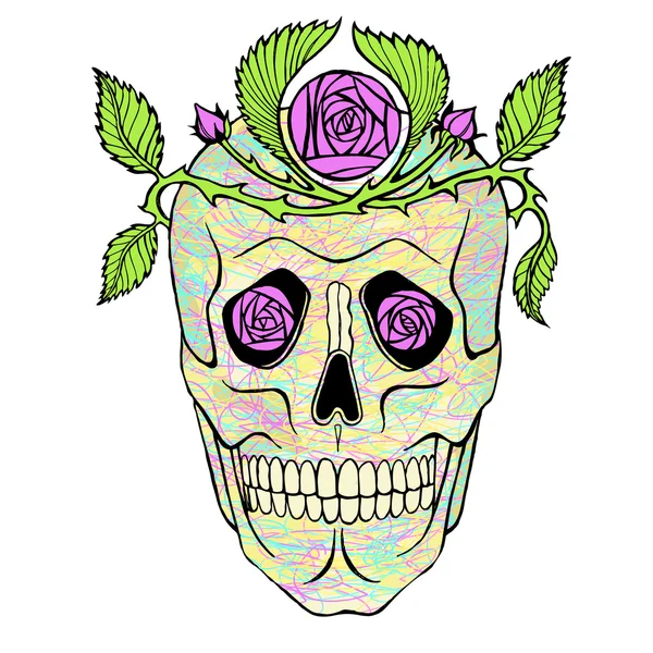 Vintage pirate skull with flowers wreath vector illustration.