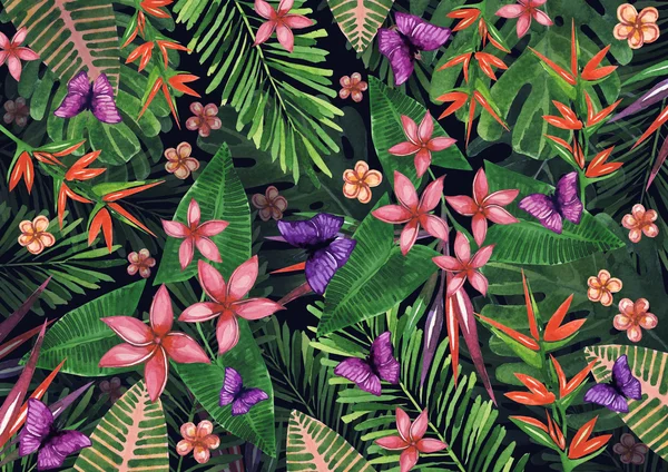 Tropical flowers pattern of exotic flower and plants. Realistic