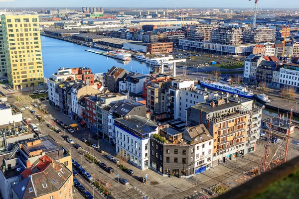 ANTWERP, BELGIUM - JAN 4: Aerial view of Antwerp port area with marina harbor form roof terrace museum MAS on January 4, 2015 in the harbor of Antwerp, Belgium