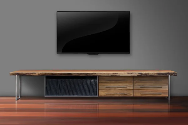 Led tv on gray color wall with wooden table living room