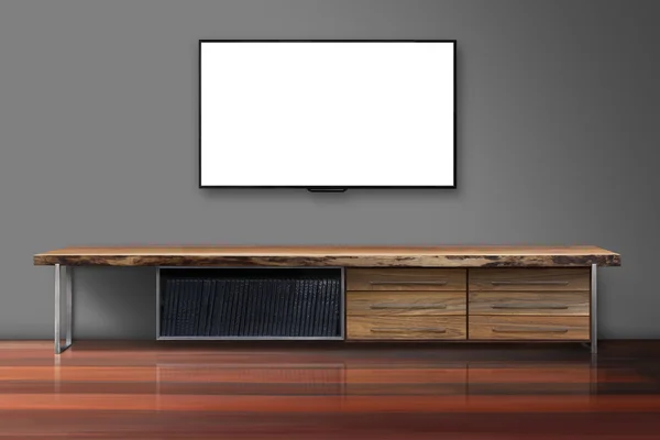 Led tv on concrete wall with wooden table living room