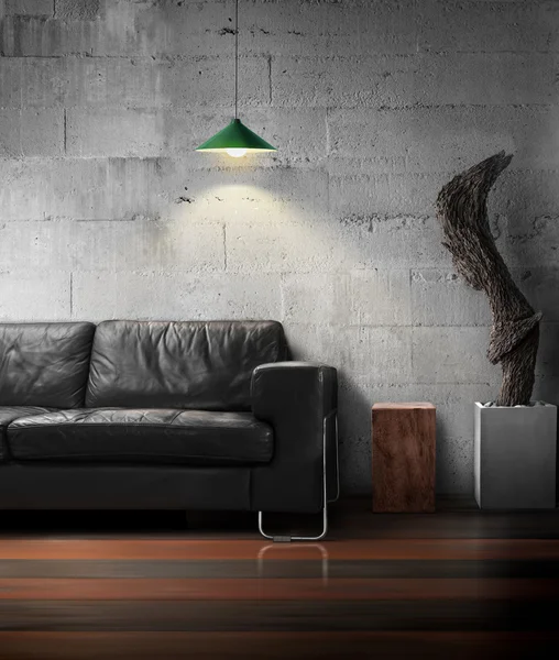 Black sofa and wooden sculpture with light of lamp in loft livin