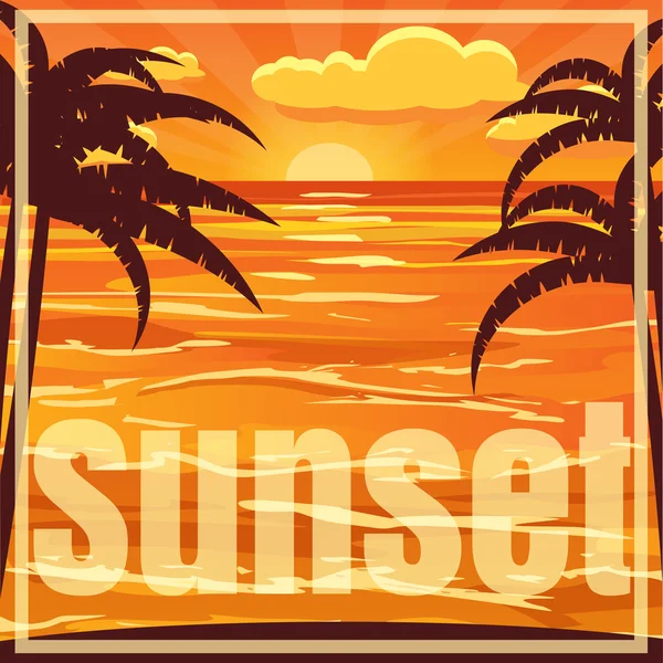 Beautiful beach sunset landscape with palm. Sunset over the sea, vector illustration