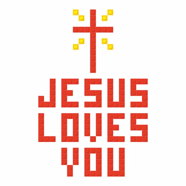 Christian art. Colorful interlocking plastic bricks, plastic construction. Jesus loves you.