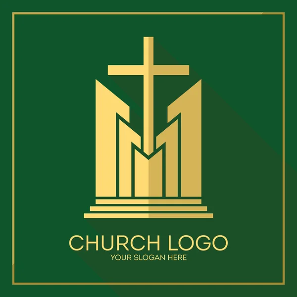 Church logo. Christian symbols. Stylish cross of Jesus Christ among graphic vector elements.