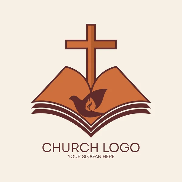 Church logo. Flame, cross, dove, Bible, religion, Christianity, symbol, icon, red, orange