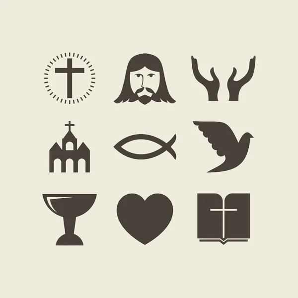 Christianity icon set, Jesus, dove, hands, bible, heart, church