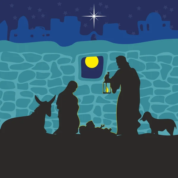Greeting card with a Christmas story. Mary and Joseph with the baby Jesus in Bethlehem.