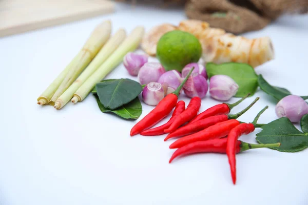 Tomyum Thai food seasoning ingredients on white background