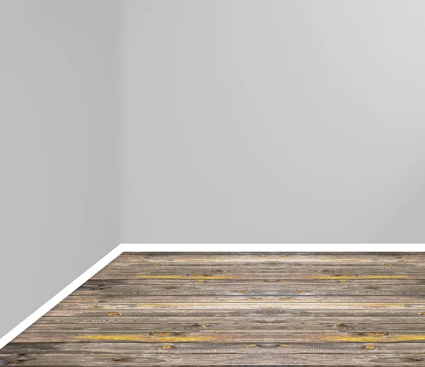 Empty room corner with wooden floor and grey wall