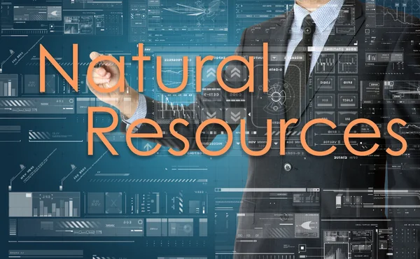 The businessman is writing Natural Resources on virtual screen