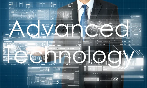 The businessman is presenting the business text with the hand: Advanced technology