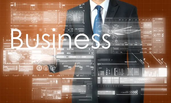 The businessman is presenting the business text with the hand: Business